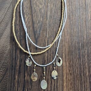 Icing Necklace 3 Strand Mother Of Pearl Wood Beads And Seed Beads strung on wire